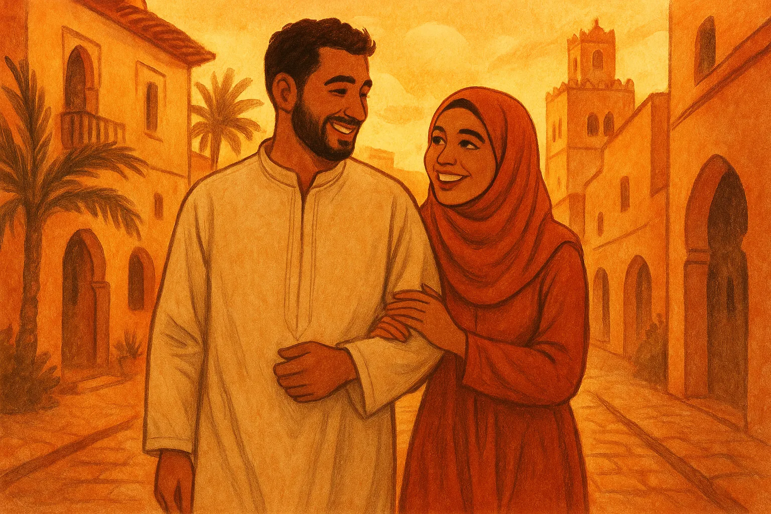 Couple maghrébin partageant un moment complice dans un cadre traditionnel et moderne