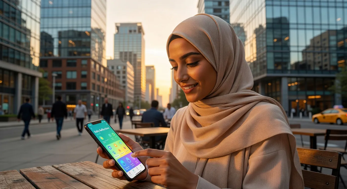 Femme voilée utilisant une application de rencontre halal sur son smartphone