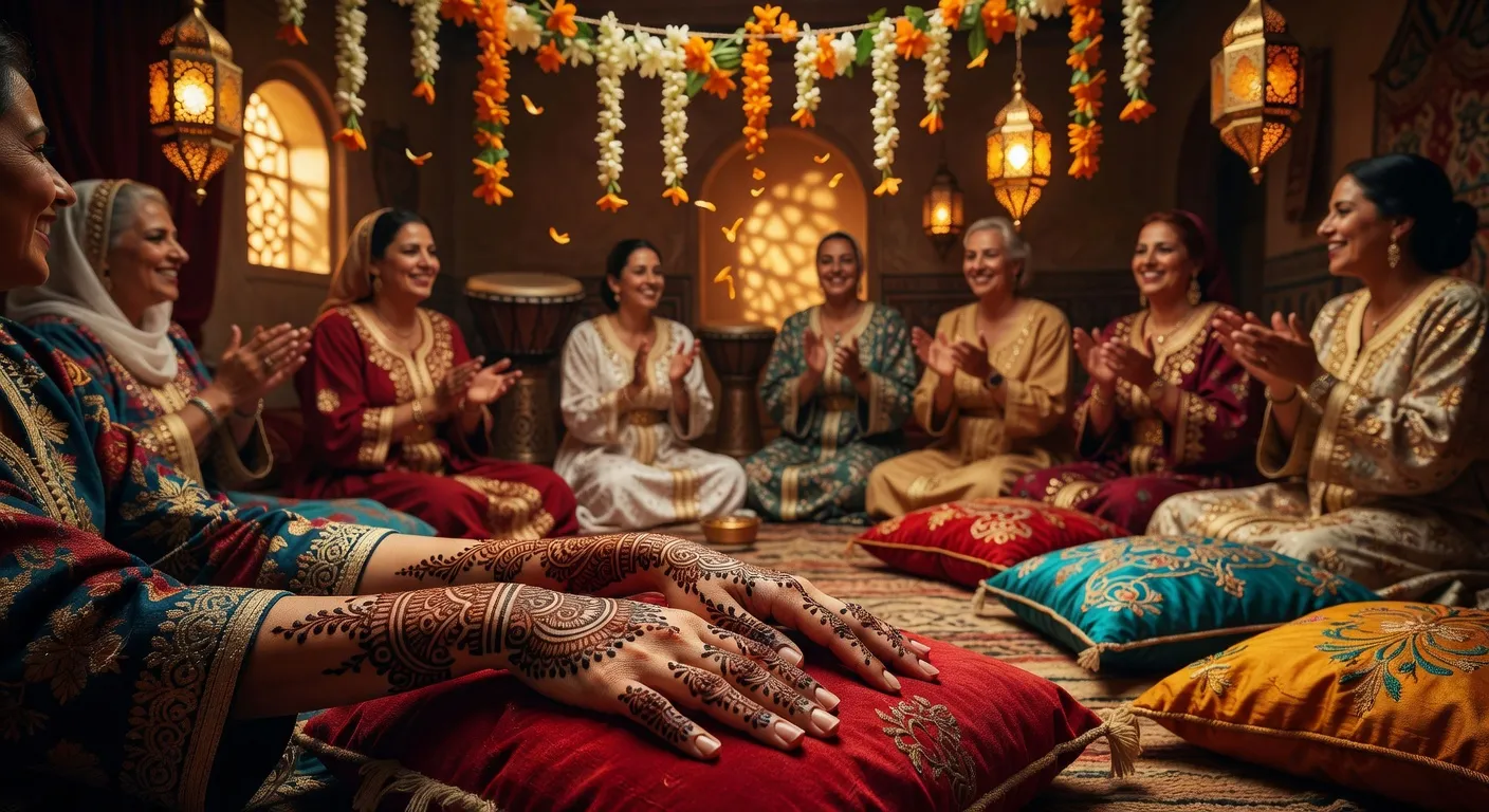 Décoration henné, cérémonie féminine maghrébine, mains ornées de motifs traditionnels