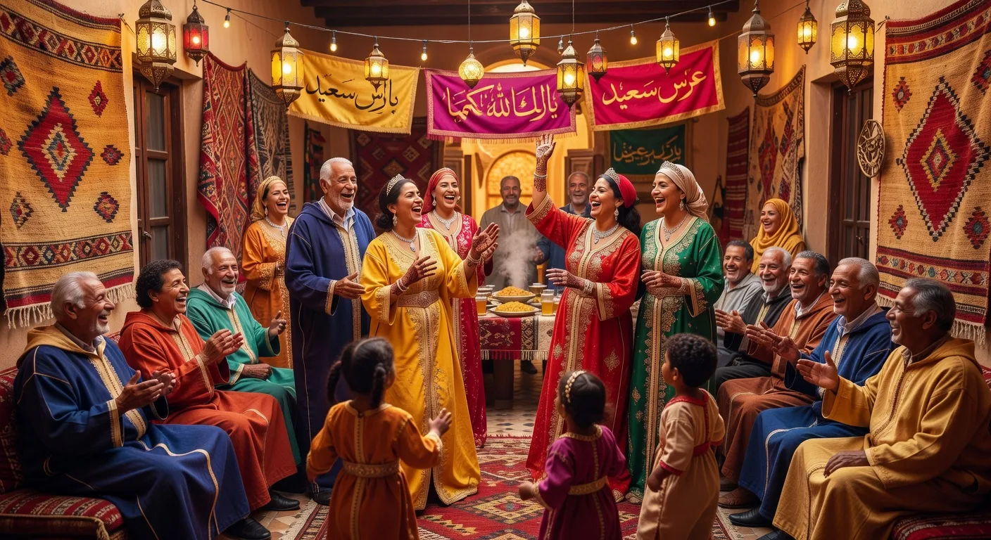 Famille maghrébine réunie pour une célébration de mariage, atmosphère festive et chaleureuse